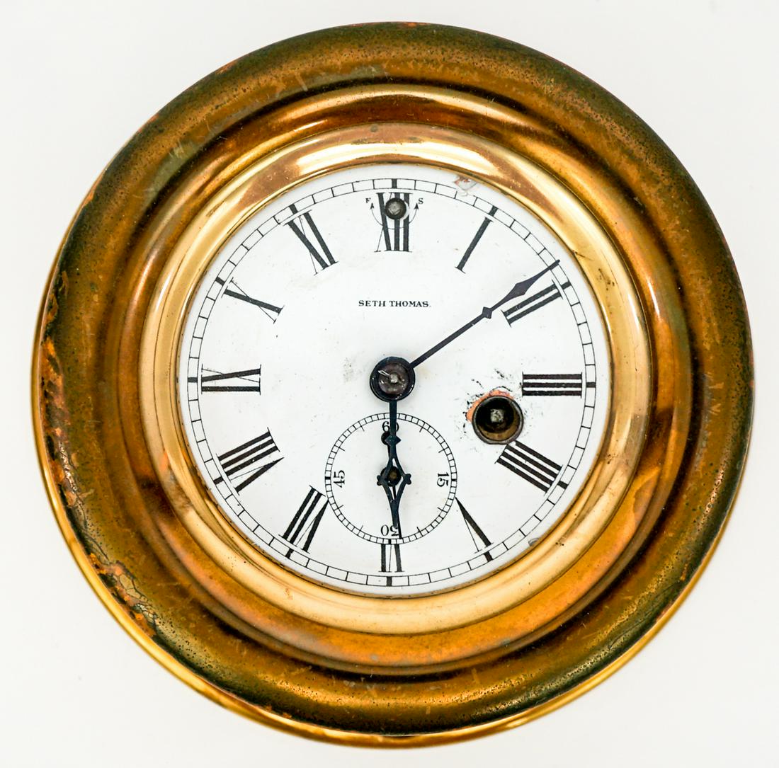 Seth Thomas Antique Ship's Clock: An estate item, not tested and being sold as-is. Dial measures 3.35 inches in diameter, overall 6.5 x 2.5 inches. If lot is absent of a condition report one may be requested via email. Condition repor