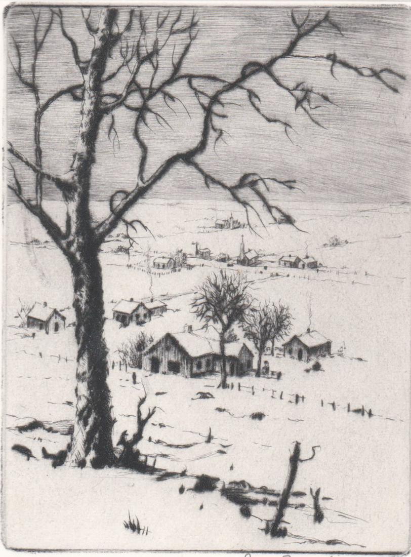 James Swann Original Dry-Point [Winter Texas]: James Swann (American, 1905-1985) pencil signed original dry-point. Limited edition of 200 copies for members of the Miniature Print Society. Signed 'James Swann' lower right. Image measures 4 in. x 3