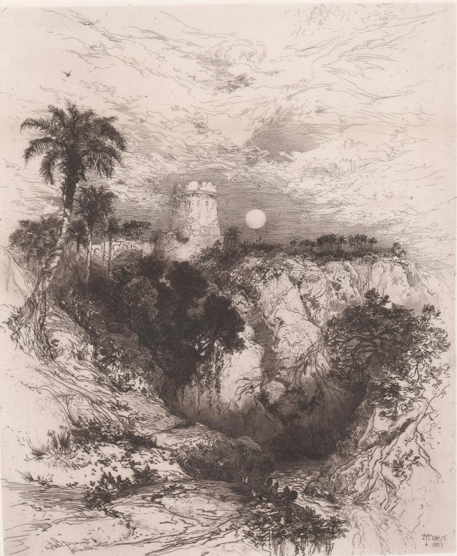 Thomas Moran Etching [Cortez, Mexico]: Thomas Moran (Pennsylvania, California 1837-1926) etching. Signed and dated in plate lower right. Work titled 'Tower of Cortex, Mexico'. Image measures 11 in. x 9.25 in., sheet measures 17 in. x 11.32