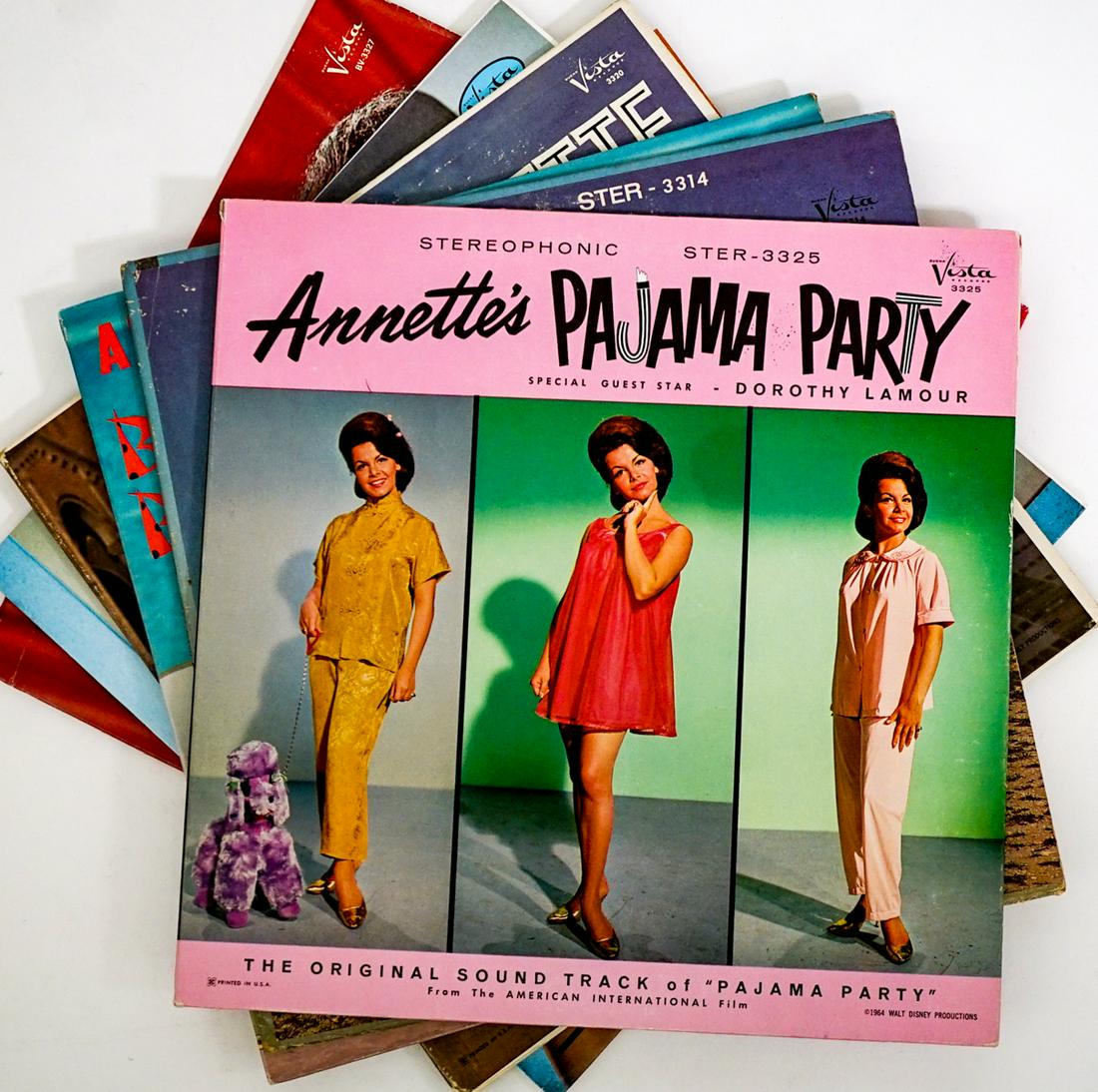 Annette Funicello (6) Vinyl LP's: Six (6) vinyl LP's of Annette Funicello albums and sound tracks. Appear lightly or never played. Provenance: William Emery Collection, Sheridan Wyoming. If lot is absent of a condition report one may 