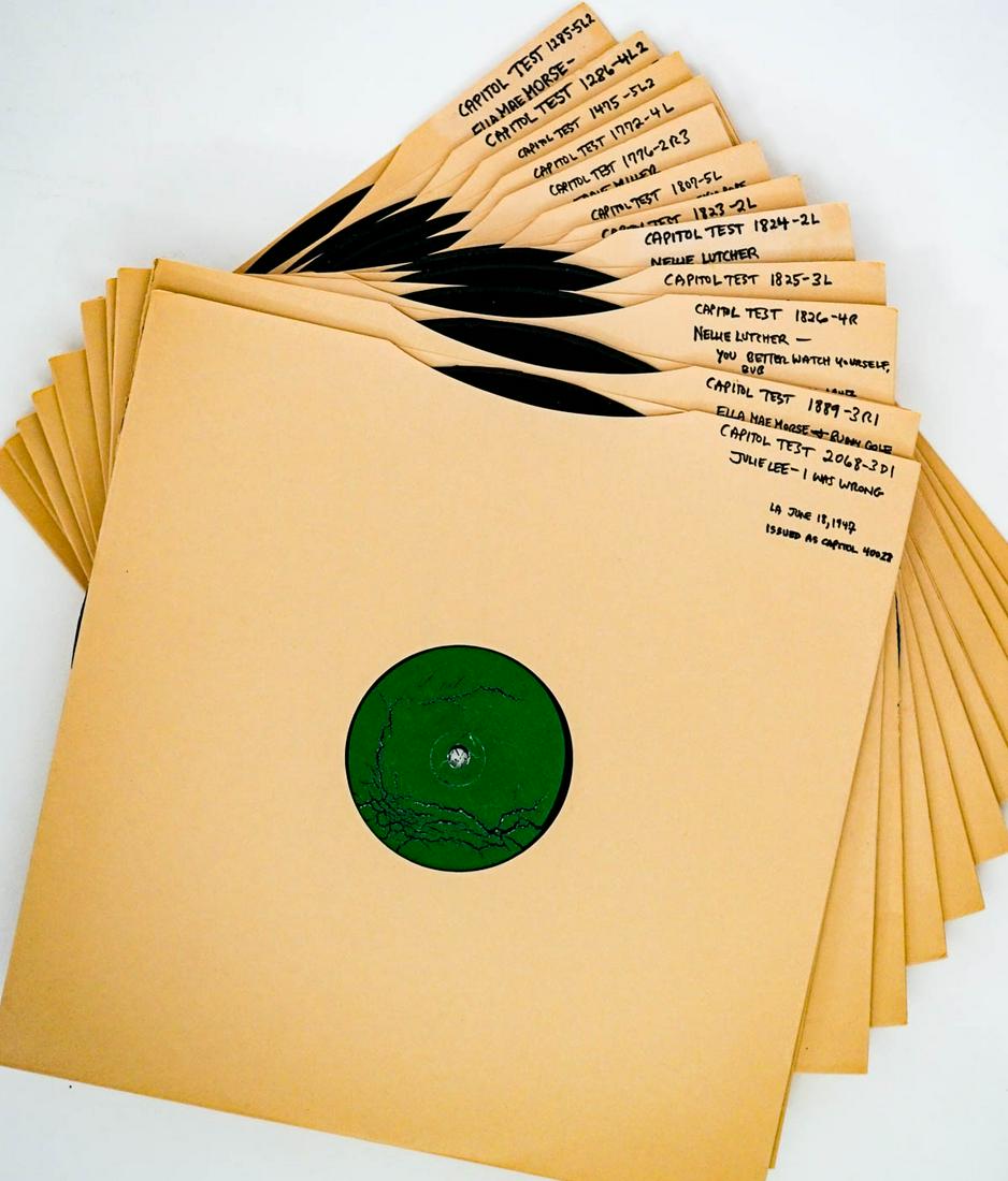 Capitol Record (12) 12 IN 1940's Test Pressings: Twelve (12) 12 inch test pressings. Includes: Julie Lee; Ella Mae Morse; Nellie Lutcher; June Christy; Eddie Miller; Jessie Price. Provenance: William Emery Collection, Sheridan Wyoming. If lot is abs