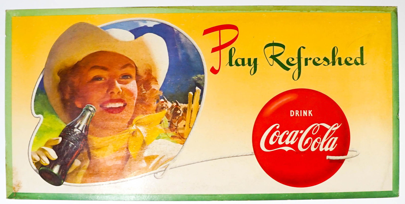 1951 Coca-Cola Large Cardboard Sign: 1951 Coca-Cola Large Cardboard Sign. Measures 27.5-in. x 56.375-in. G-VG/VG condition. Unframed, loose and not glued or mounted. If lot is absent of a condition report one may be requested via email. 