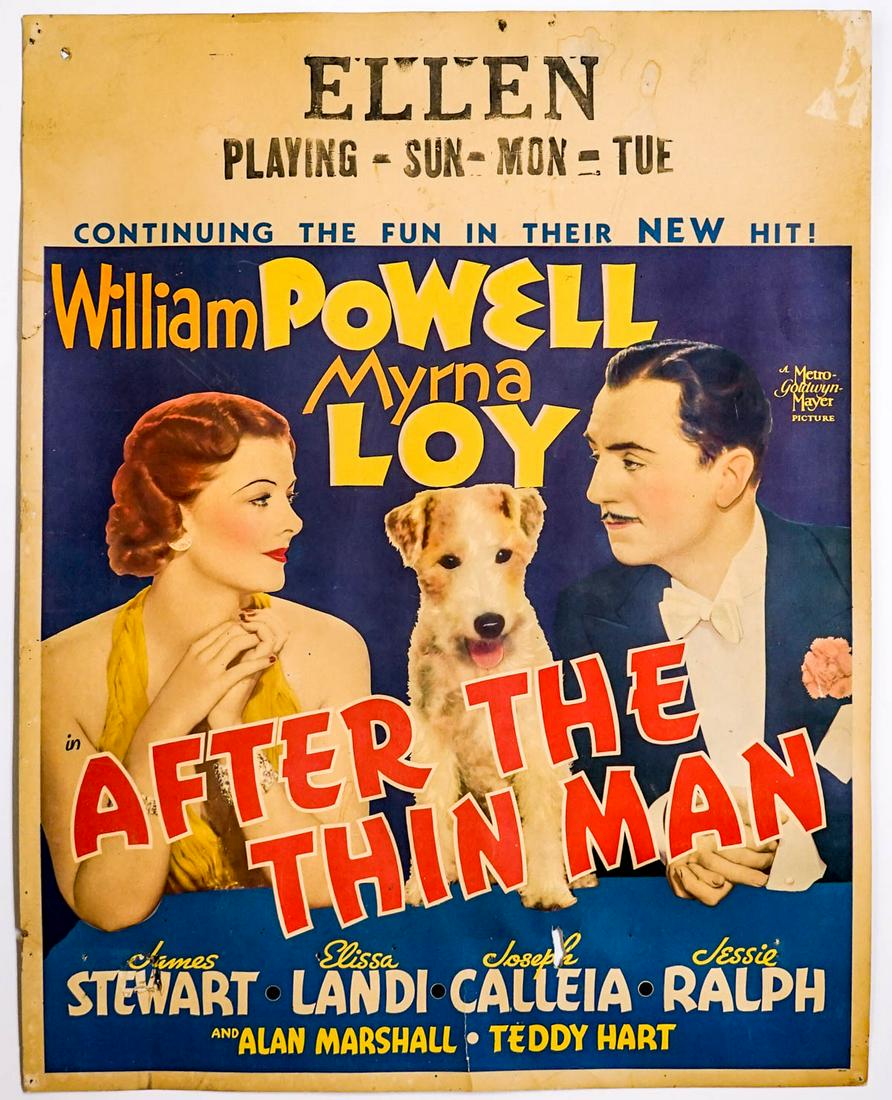 After the Thin Man Vintage 1936 Movie Poster: After the Thin Man starring William Powell and Myrna Loy (1936 Metro Goldwyn Mayer) vintage movie poster. Measures 28 in. x 22 in. Creasing with tears. See photo. If lot is absent of a condition repor