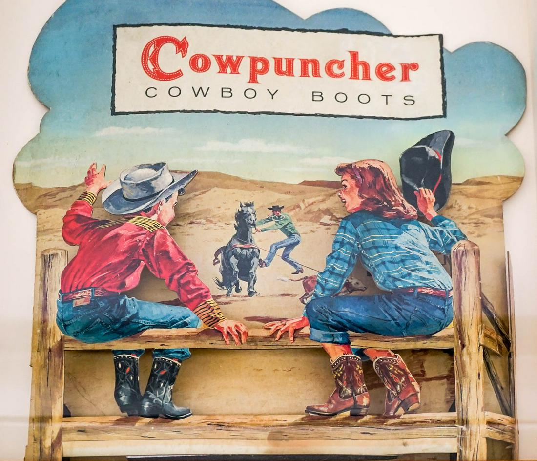 Cowpuncher Cowboy Boots 3D Store Sign Framed: Vintage Cowpuncher Cowboy Boots 3 Dimensional store sales sign framed. Sign measures approximately 20 in. x 18 in. and frame measures 24 in. x 22.375 in. x 2.5 in. If lot is absent of a condition repo
