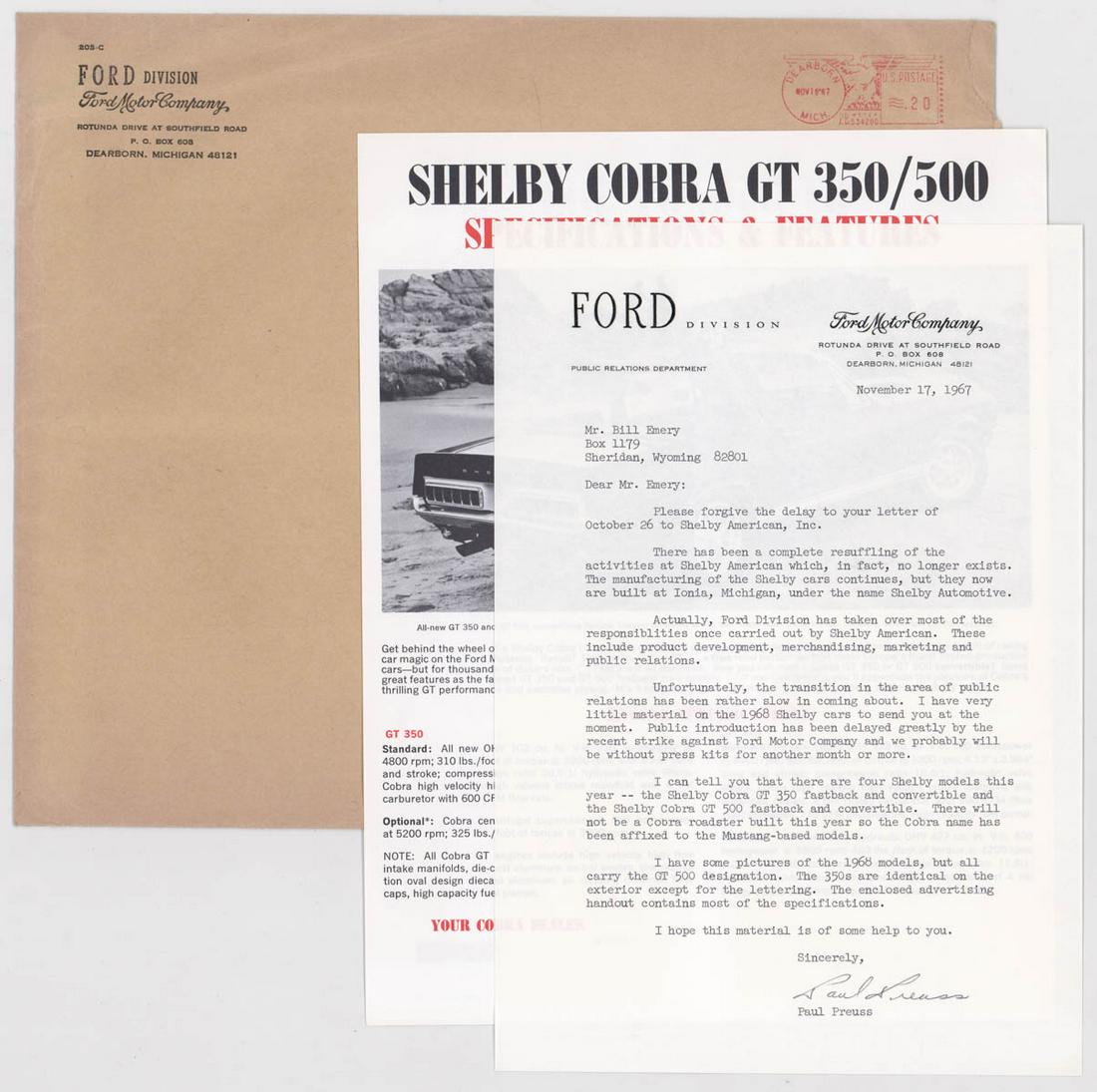 1968 Ford Shelby Cobra GT 350 500-KR Specs, Letter (1 of 3)