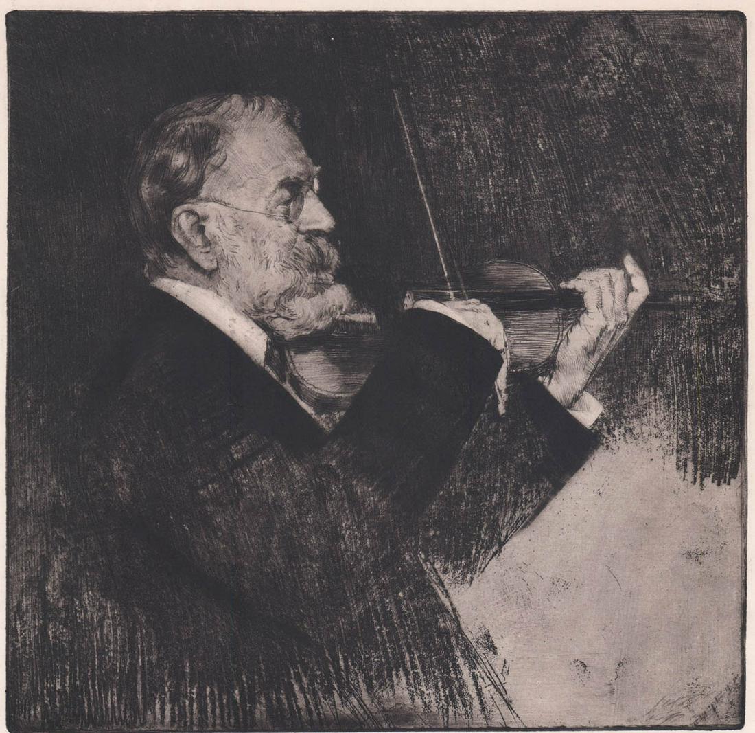 Ferdinand Schmutzer (1833 - 1915) Etching: Ferdinand Schmutzer (1833 - 1915) was active/lived in Austria. Joseph Joachim. Image area EX/EX+. Measures 8.75-in. x 9-in. plate size and 15.75-in. x 15.5-in. sheet size. Unframed, loose and not glue