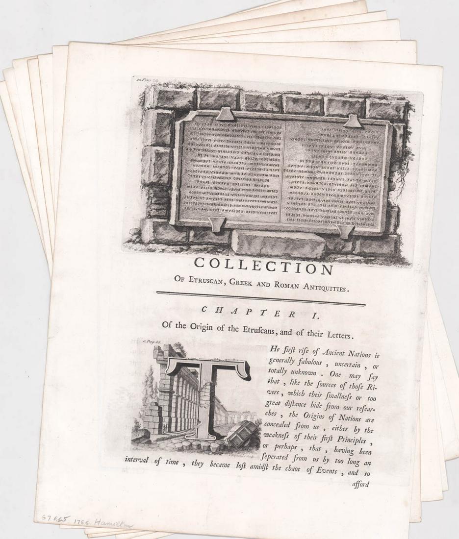 1766 Hamilton (7) Pages with Engravings: 1766 Hamilton (7) Pages with Engravings, Collection of Etruscan, Greek and Roman Antiquities. The loose pages measure 47 cm x 36 cm. Unframed, loose and not mounted or glued down. If lot is absent of 
