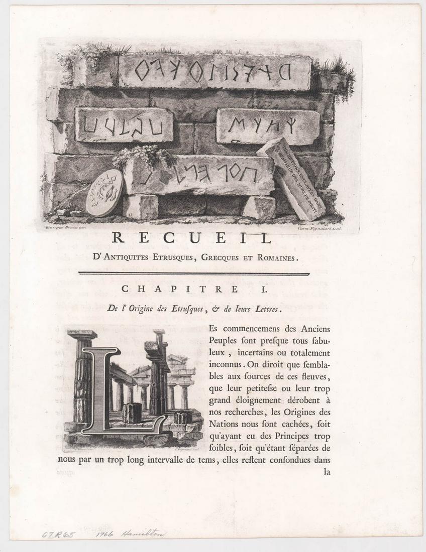 1766 Hamilton (5) Pages with Engravings: 1766 Hamilton (5) Pages with Engravings, Collection of Etruscan, Greek and Roman Antiquities. The loose pages measure 47 cm x 36 cm. Unframed, loose and not mounted or glued down. If lot is absent of 