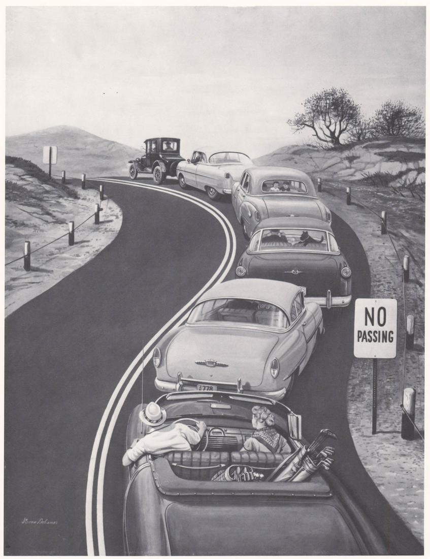 Stevan Dohanos Artist's Proof [No Passing]: Stevan Dohanos signed Artist's Proof [No Passing]. Measures 20.25 x 16-in. sheet size. Near mint condition. Never framed or displayed. Unframed, loose and not mounted or glued down. If lot is absent o