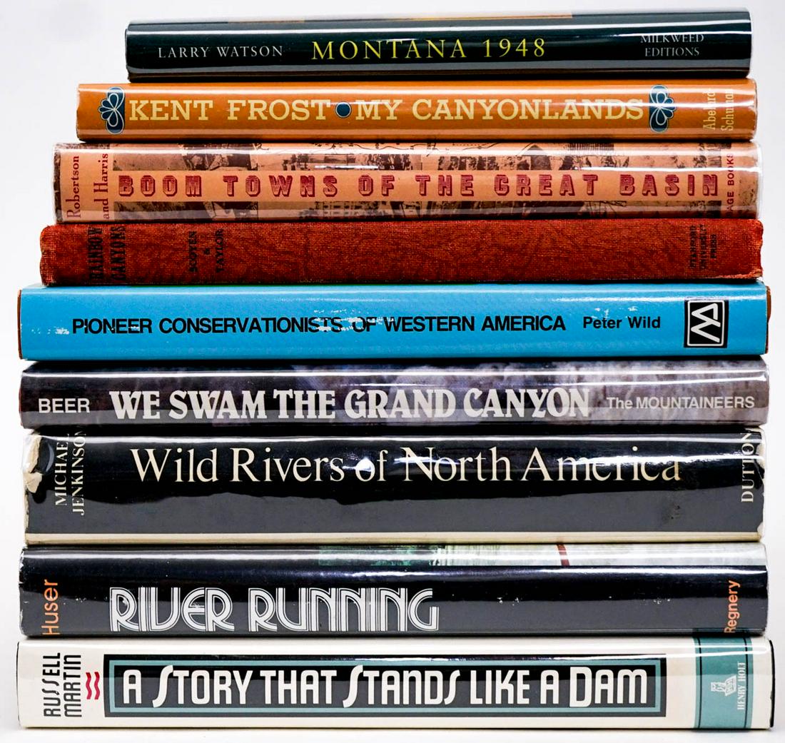 Western Americana (8) Books: Eight (8) books of Western Americana. Includes: 1) Montana 1948 by Watson. 1993 with unclipped jacket. 2) Rainbow Canyons by Scoyen. 1931. 3) Boomtowns of the Great Basin by Robertson and Harris. 1962