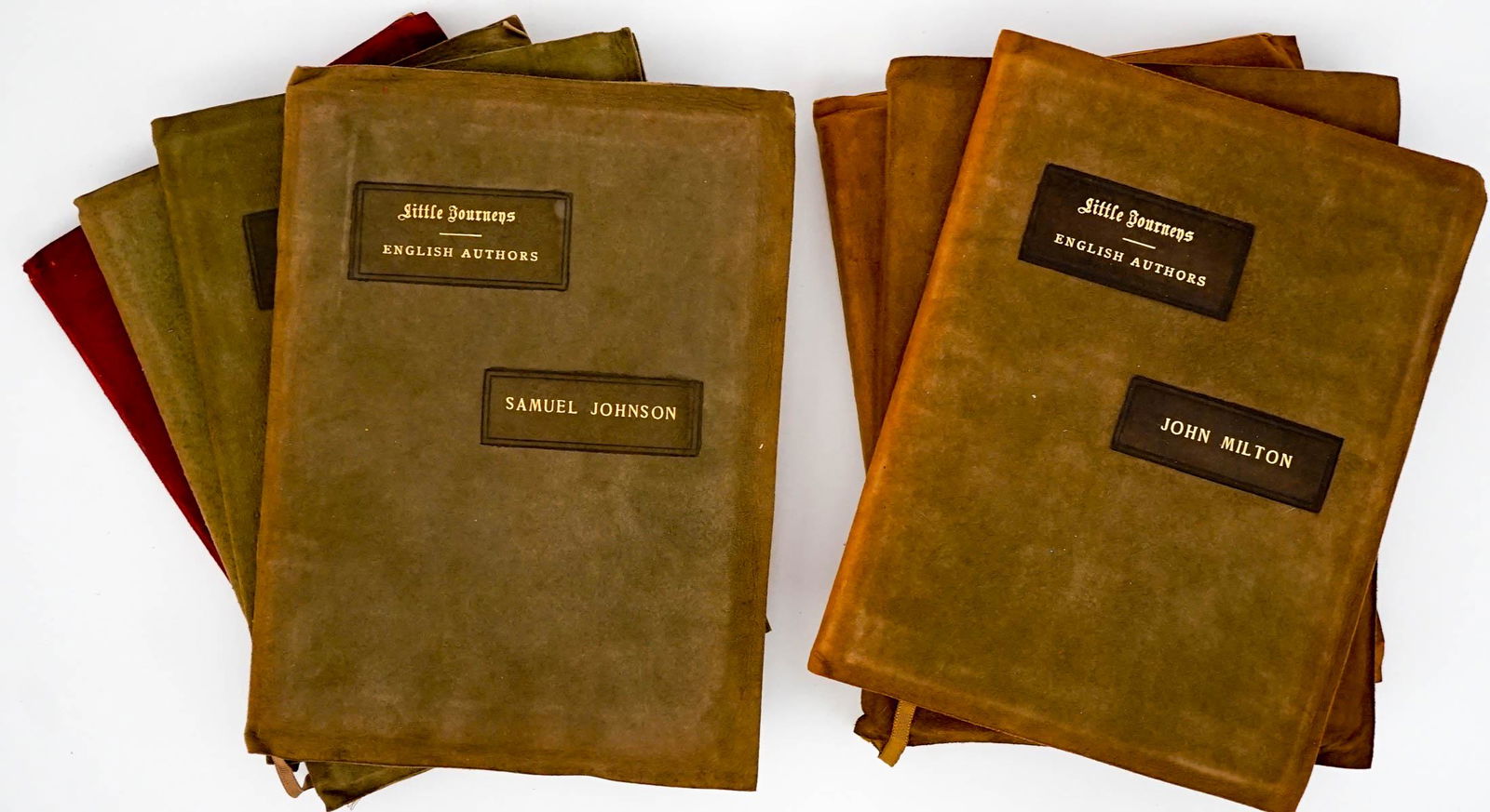 Elbert Hubbard (7) Soft Leather Books [Roycroft]: Seven (7) Elbert Hubbard softcover leather books. Roycrofters produced in their shop in East Aurora, New York. 1901-1906. Includes: 1) Samuel Johnson numbered 7 of 925 hand illuminated copies. SIGNED