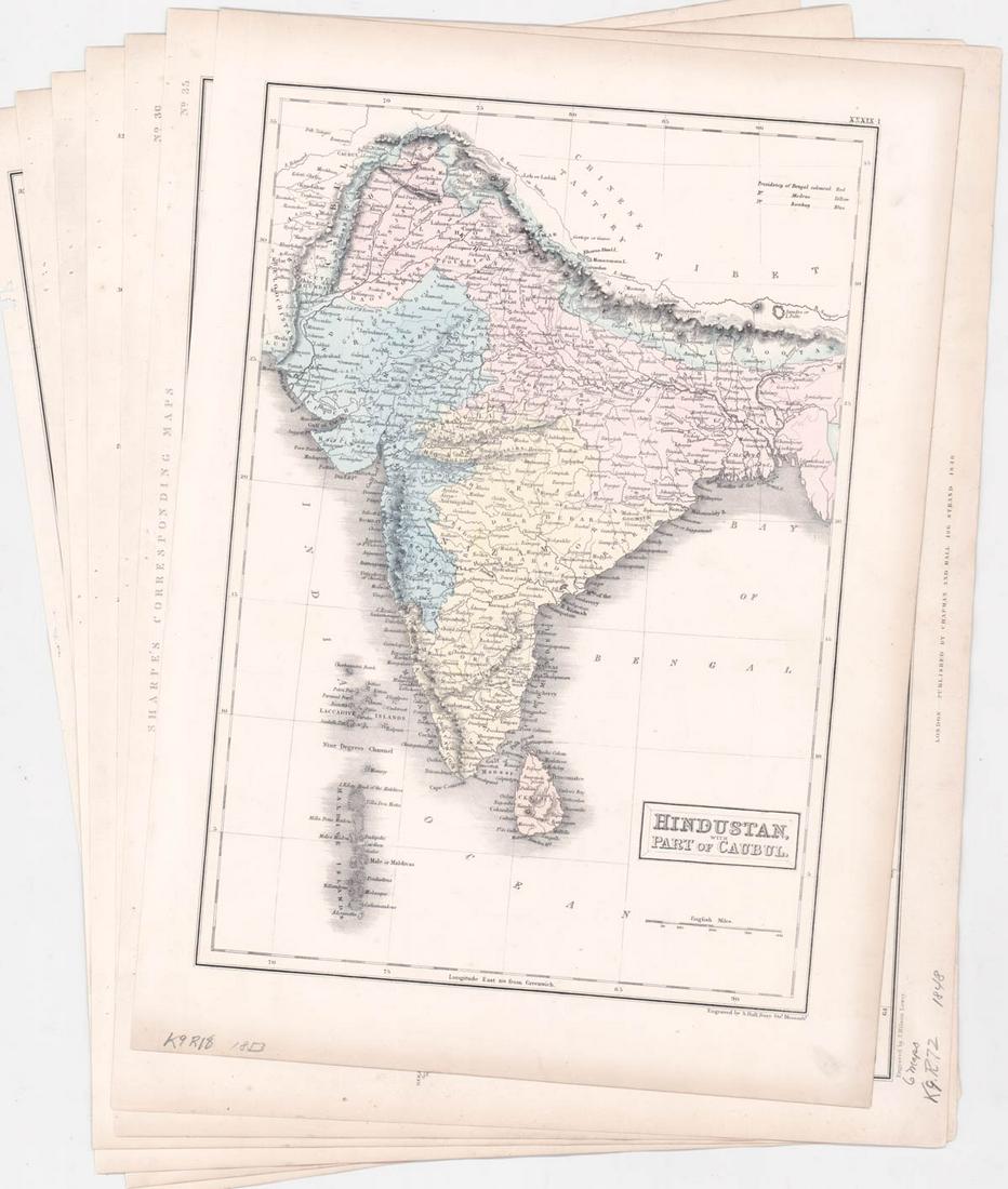 Antique Color (6) Maps [India]: Six (6) antique color maps. Engravers J. Wilson Lowry and S. Hall Bury. Sheets measure 14 in. - 17.5 in. x 12.5 in. - 18.325 in. If lot is absent of a condition report one may be requested via email. 