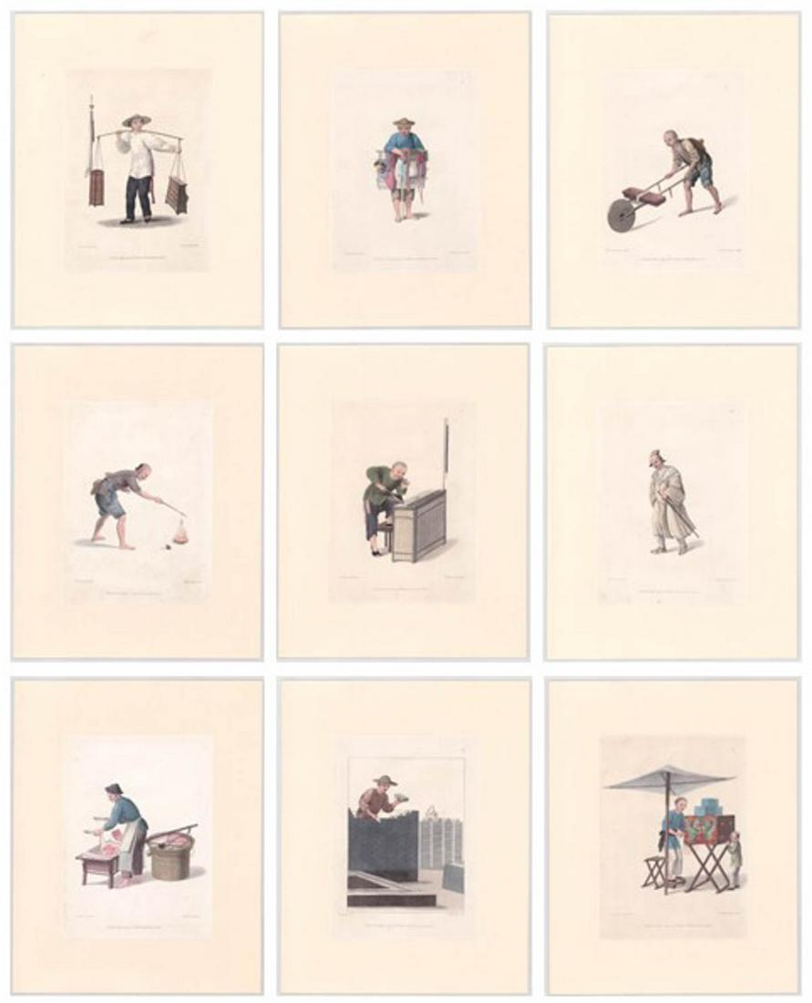 Costumes of China (9) Colored Engravings 18th C: Nine (9) plates with descriptive text of 'Costumes of China' published in 1799 by William Miller (British 1769-1844) and stipple-engraved by John Dudley. All are hand-colored. The engravings are hinge