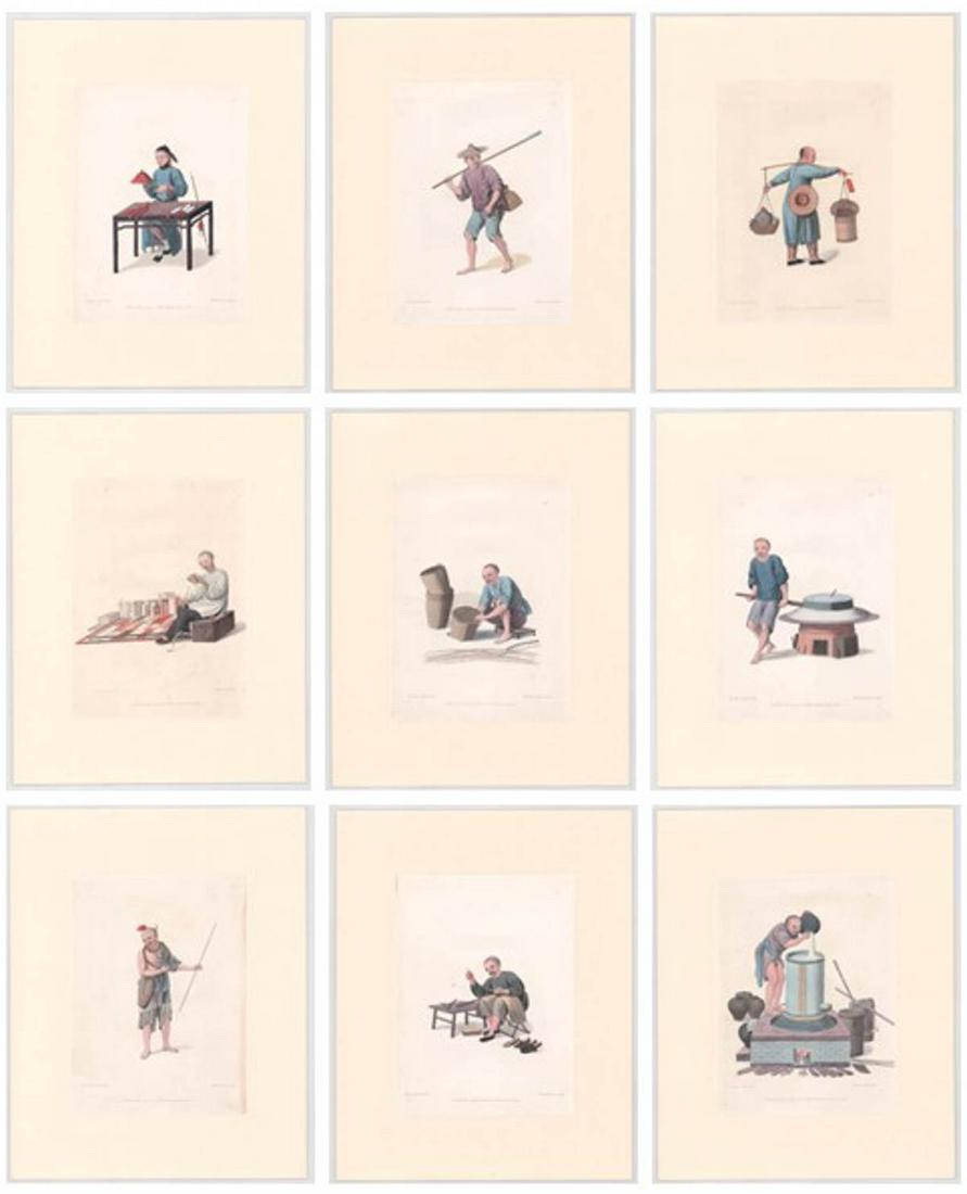 Costumes of China (9) Colored Engravings 18th C: Nine (9) plates with descriptive text of 'Costumes of China' published in 1799 by William Miller (British 1769-1844) and stipple-engraved by John Dudley. All are hand-colored. The engravings are hinge