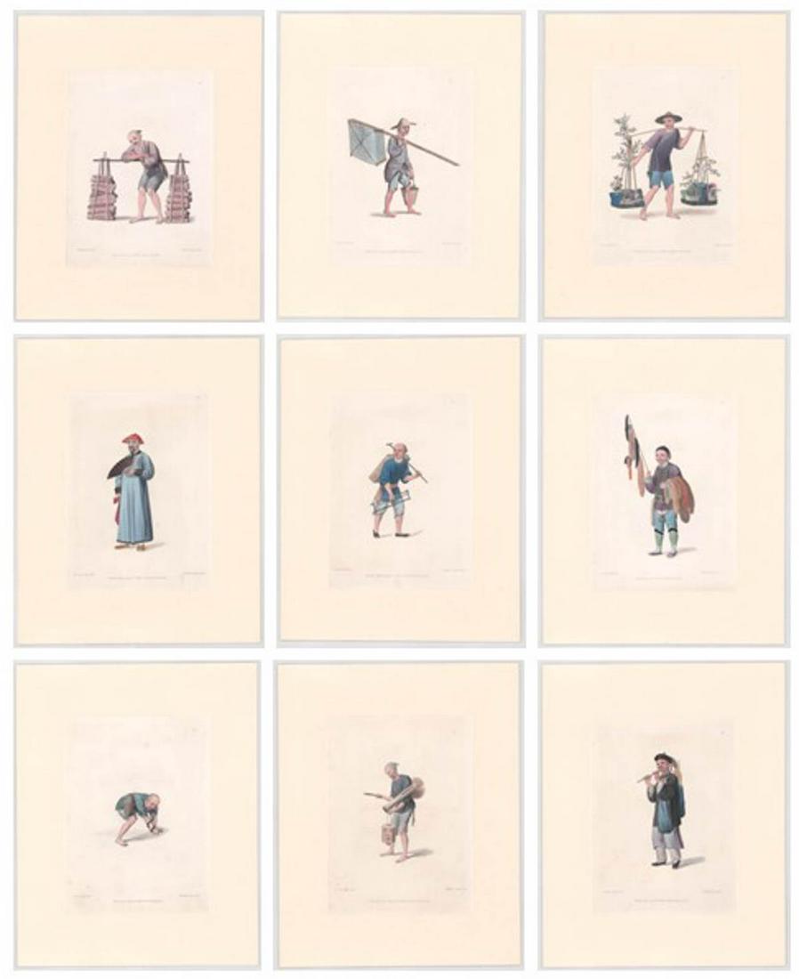 Costumes of China (9) Colored Engravings 18th C: Nine (9) plates with descriptive text of 'Costumes of China' published in 1799 by William Miller (British 1769-1844) and stipple-engraved by John Dudley. All are hand-colored. The engravings are hinge
