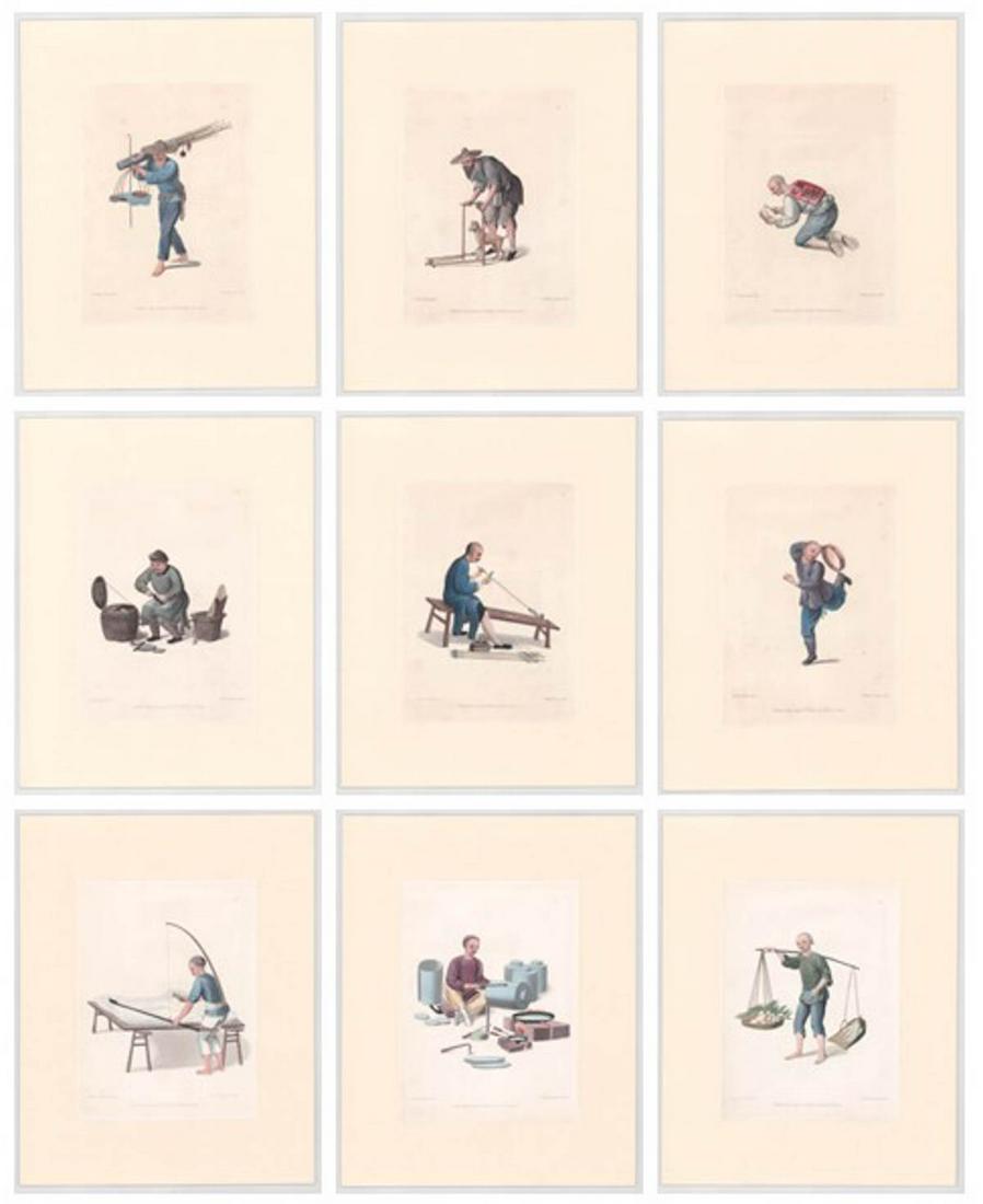 Costumes of China (9) Colored Engravings 18th C: Nine (9) plates with descriptive text of 'Costumes of China' published in 1799 by William Miller (British 1769-1844) and stipple-engraved by John Dudley. All are hand-colored. The engravings are hinge