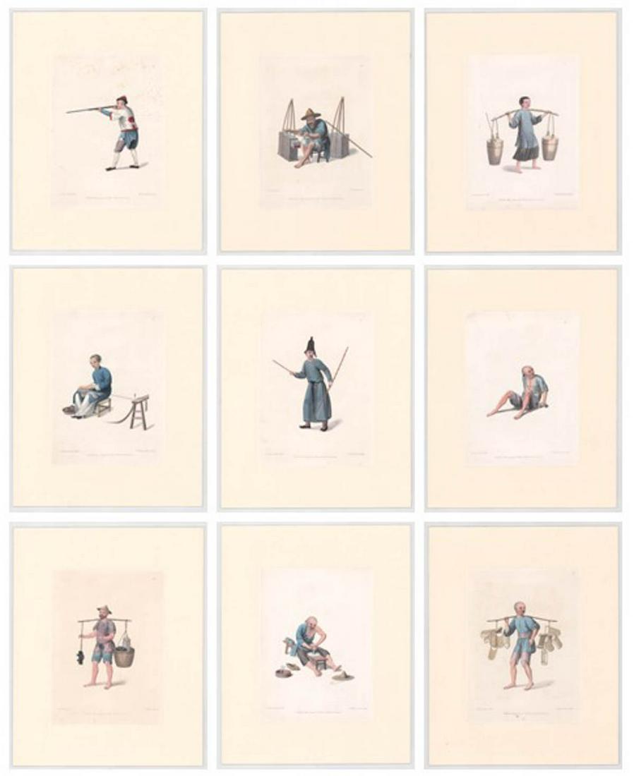 Costumes of China (9) Colored Engravings 18th C: Nine (9) plates with descriptive text of 'Costumes of China' published in 1799 by William Miller (British 1769-1844) and stipple-engraved by John Dudley. All are hand-colored. The engravings are hinge