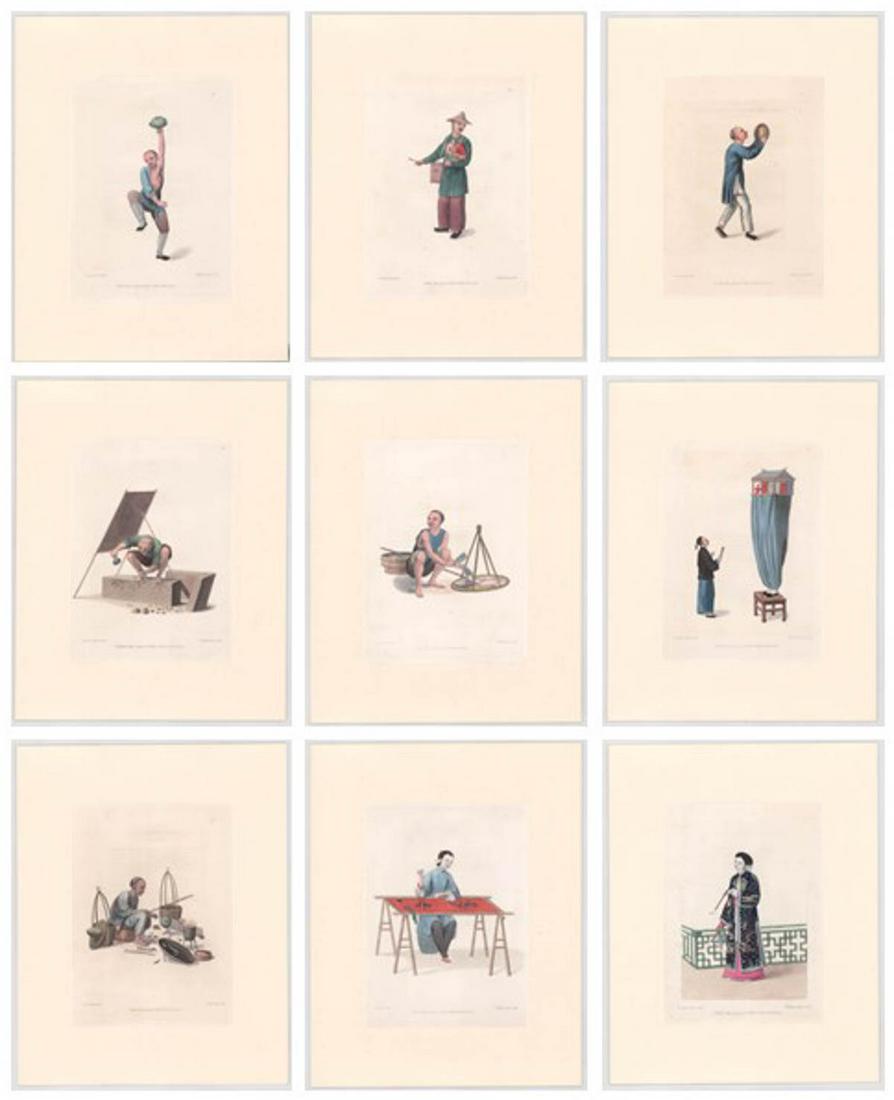 Costumes of China (9) Colored Engravings 18th C: Nine (9) plates with descriptive text of 'Costumes of China' published in 1799 by William Miller (British 1769-1844) and stipple-engraved by John Dudley. All are hand-colored. The engravings are hinge