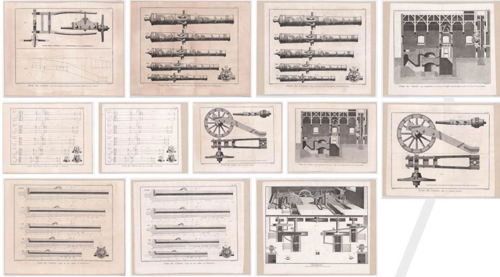 Encyclopedie (12) 18th C. Engravings [Diderot]: Twelve (12) 18th century engravings from 'Encyclopedie' by Denis Diderot (French 1713-1784) and Jean le Rond d'Alembert (French 1717-1783) circa 1765. Titles include: Arquebusier and Fonte des Canons.