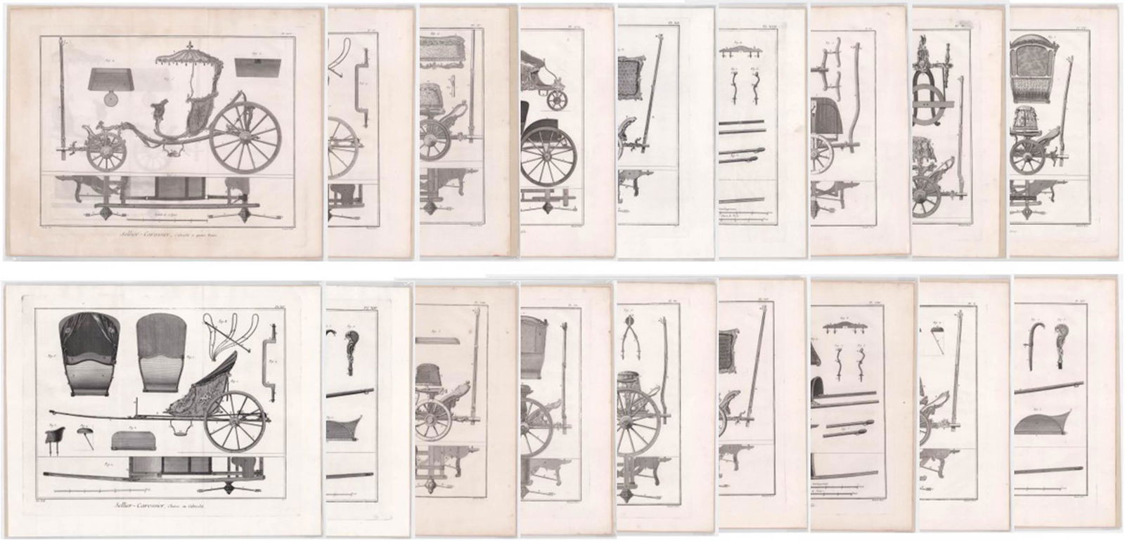 Encyclopedie (16) 18th C. Engravings [Diderot]: Sixteen (16) 18th century engravings from 'Encyclopedie' by Denis Diderot (French 1713-1784) and Jean le Rond d'Alembert (French 1717-1783) circa 1765. Titled Sellier - Carossier Plates measure 15.5 i