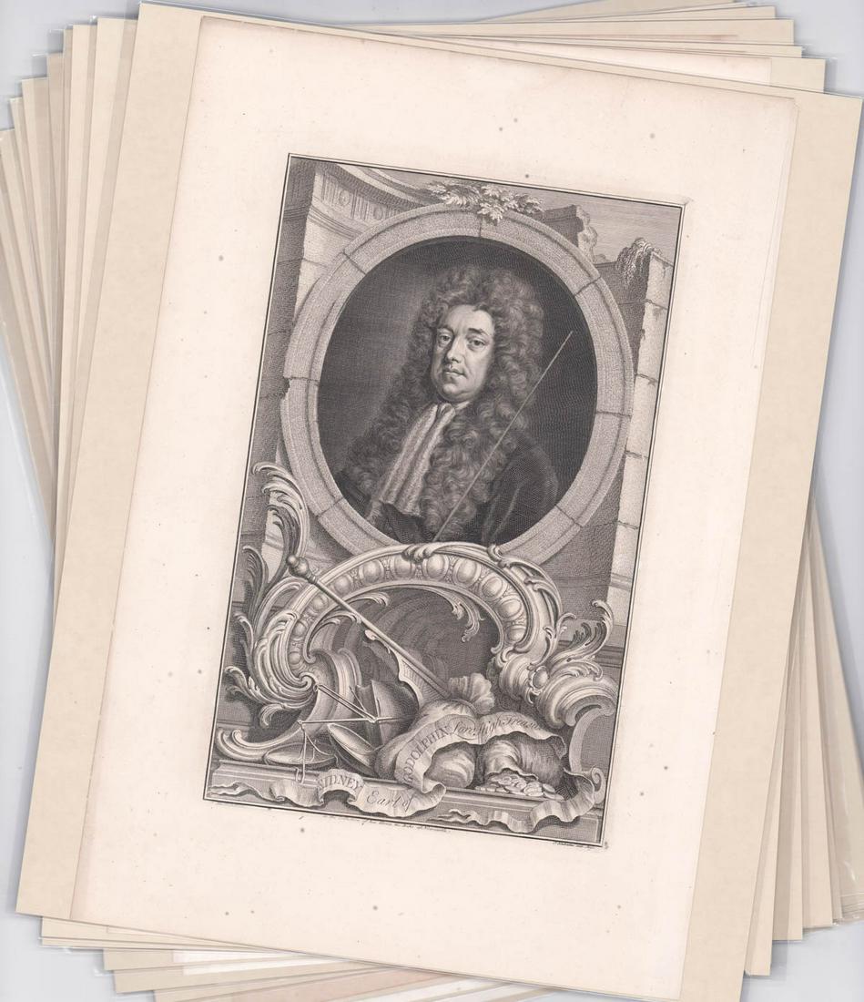 Illustrious Persons of GB (10) Engravings 18 C.: Ten (10) engravings from Heads of Illustrious Persons of Great Britain by Thomas Birch. Circa 1743. Sheets measure 20 in. x 13 in. and are gallery sealed with a paperboard backing that measures 20 in.