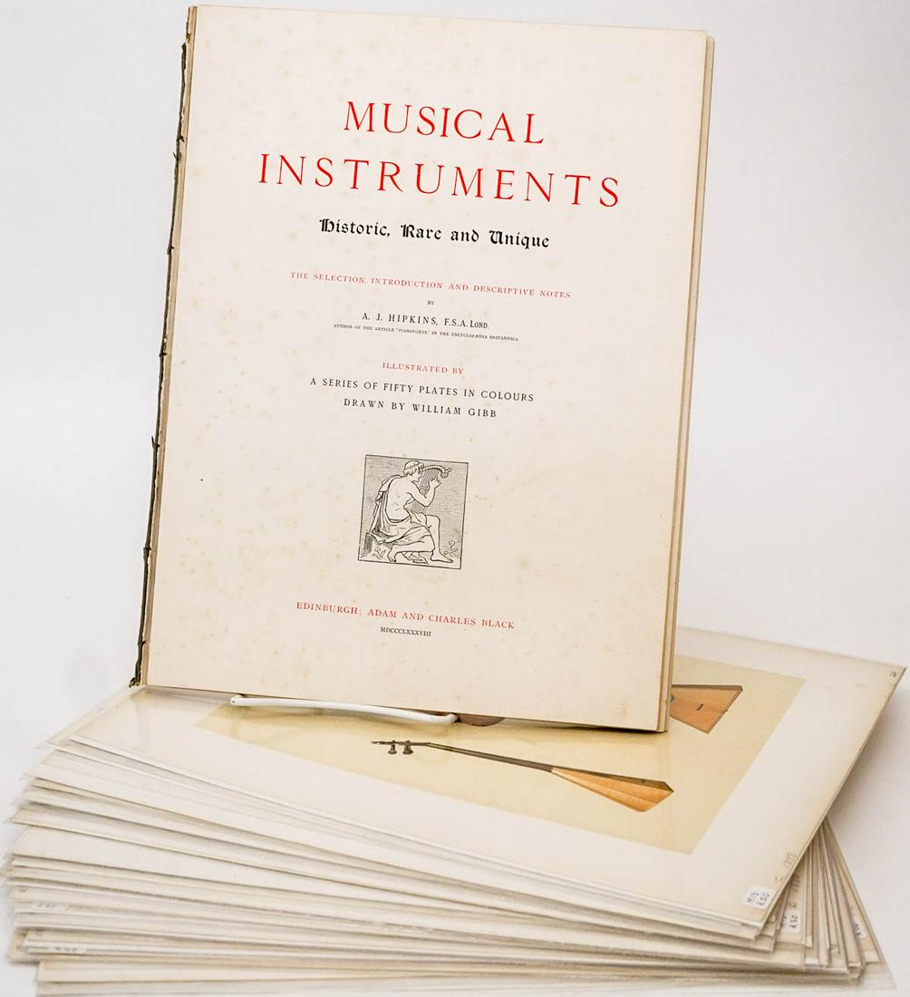 Hipkin's Musical Instruments (20) Prints1888: Twenty (20) color plates with text in gallery wrap. Sheets measure 11.625 in. x 15.875 in. These are from a limited edition of 1040 copies. Includes title, introduction and contents pages. Provenance: