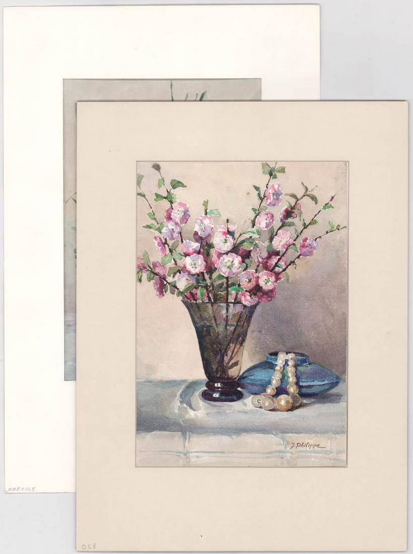 Philippe (2) Watercolors [Floral]: Two (2) floral watercolors. Signed in plate Philippe lower right. One is tipped in to mat frame and measures 12.5 in, x 8.75 in. and the frame measures 18.5 in. x 13.625 in.; and one is tipped at all 