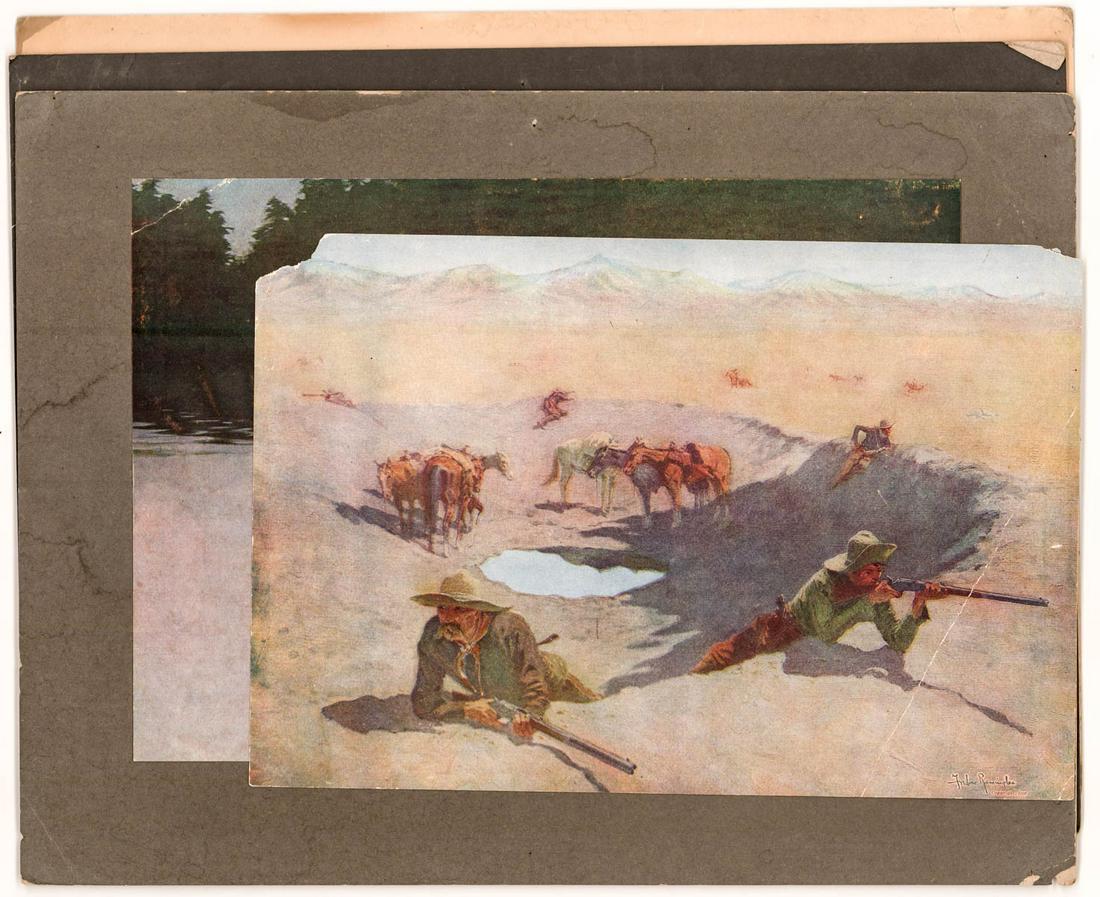 Frederic Remington (4) Prints: Four (4) vintage Frederic Remington prints. One is stated 'Artists Proof' and titled 'His First Lesson' on verso. Three (3) are tipped-in to a mat sheet. Images measure 10.5 in. - 11 in. x 15.5 in. an