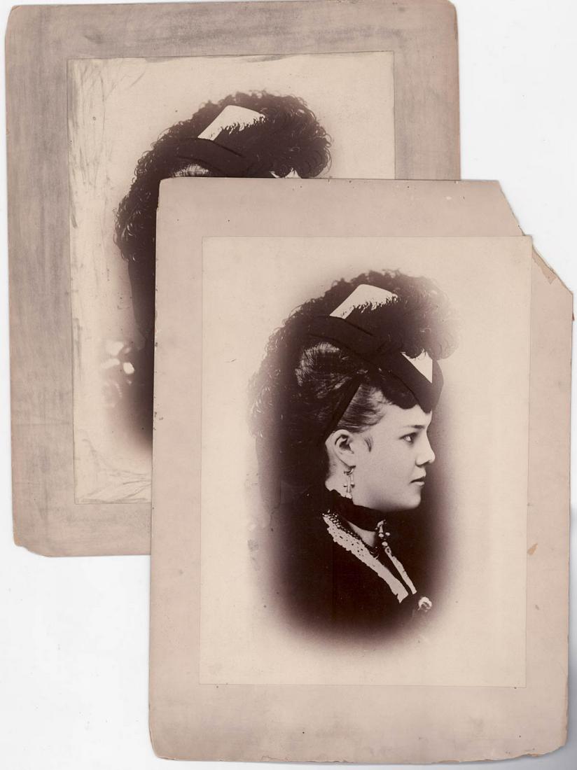 Antique Photo Geletin Print [Young Woman]: Antique photo of the profile of a young woman. Two (2 ) photos of the same. Measure 13.75 in. x 10 in. and are pasted down to a 17 in. -18 in. x 13 in. - 14 in. paper board. Provenance: Bob Borcherdt 