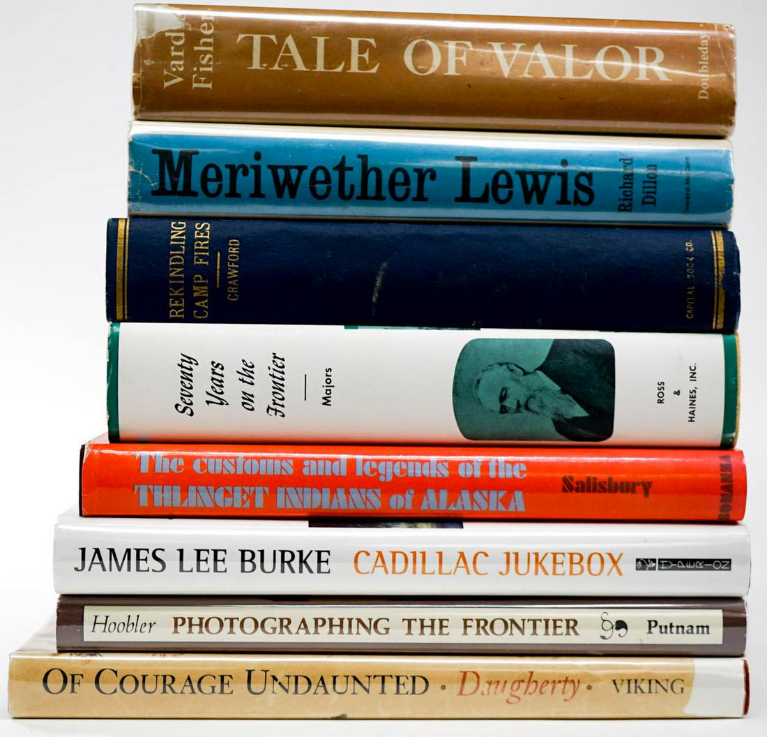 Western Americana Vintage Books (8): Western Americana vintage books (8). Provenance: Bob Borcherdt collection Big Fork, Montana. If lot is absent of a condition report one may be requested via email. Condition report is provided as an o