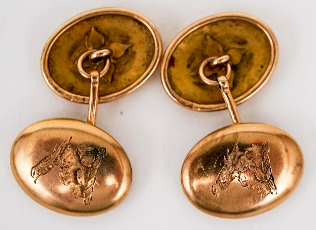Pair of Antique 10k Gold Cufflinks [Raven on Rock] (1 of 2)