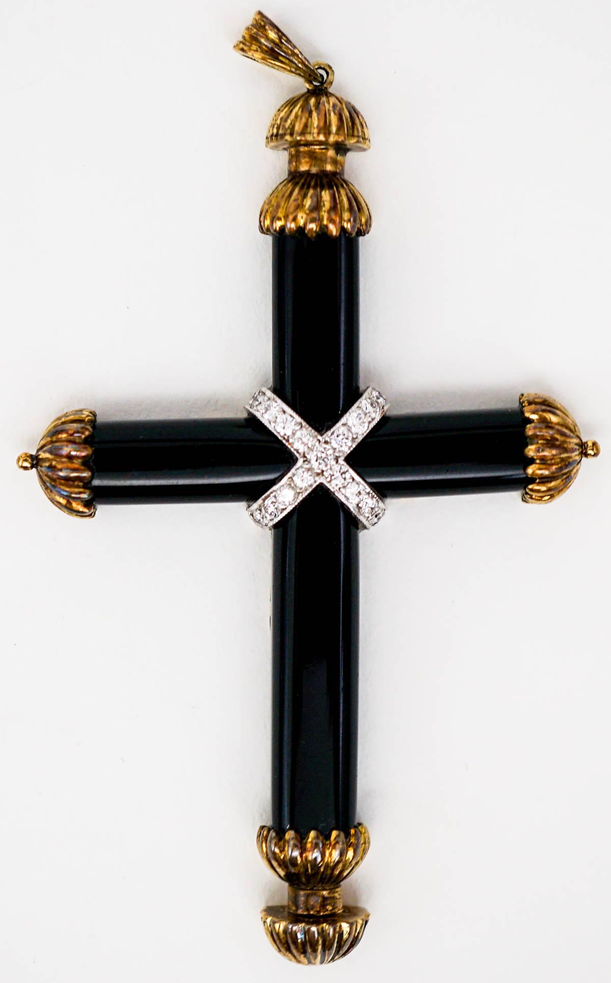 14k Yellow Gold Caps Black Onyx, Diamond Cross (1 of 5)
