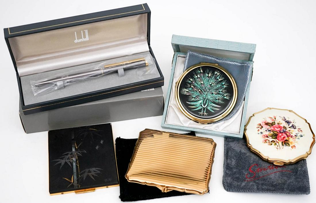 (4) Designer Compacts and (1) Dunhill Pen MIB: If lot is absent of a condition report one may be requested via email. (4) Designer Compacts and (1) Dunhill Pen MIB. Includes a Dunhill pen MIB, KZ (Japan) 24k gold inlay compact, Stratton compacts (