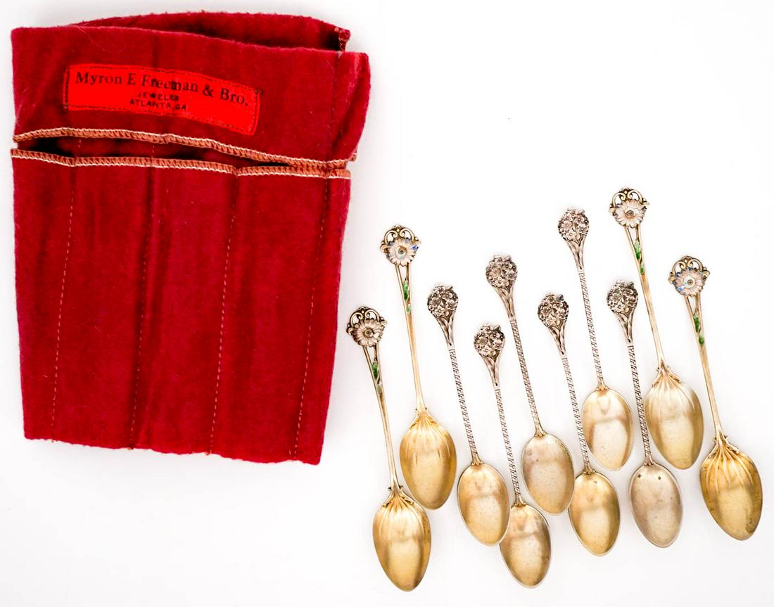 (4) Whiting Sterling & Enamel, (6) Gorham 759: (4) Whiting Sterling & Enamel, (6) Gorham 759 sterling demitasse spoons. This group weighs 55 grams total. If lot is absent of a condition report one may be requested via email. Condition report is pr