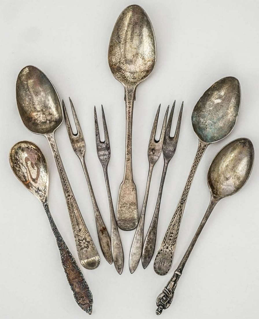 Group of Sterling Demitasse Spoons & Forks (9 Pcs): They weigh 73 grams combined. There are British hallmarked items and American 925 items. If lot is absent of a condition report one may be requested via email. Condition report is provided as an opini