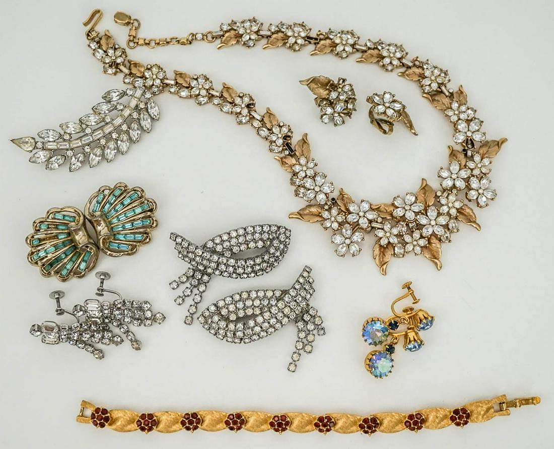 Vintage Fashion Jewelry [Rhinestone]: Vintage fashion jewelry with rhinestones. Includes: 1 Floral necklace/choker 16 in. with matching clip earrings. 2) Aqua brooch measures 2.5 in. x 1.25 in. 3) Blue earrings with screw clip. 4) Ruby re