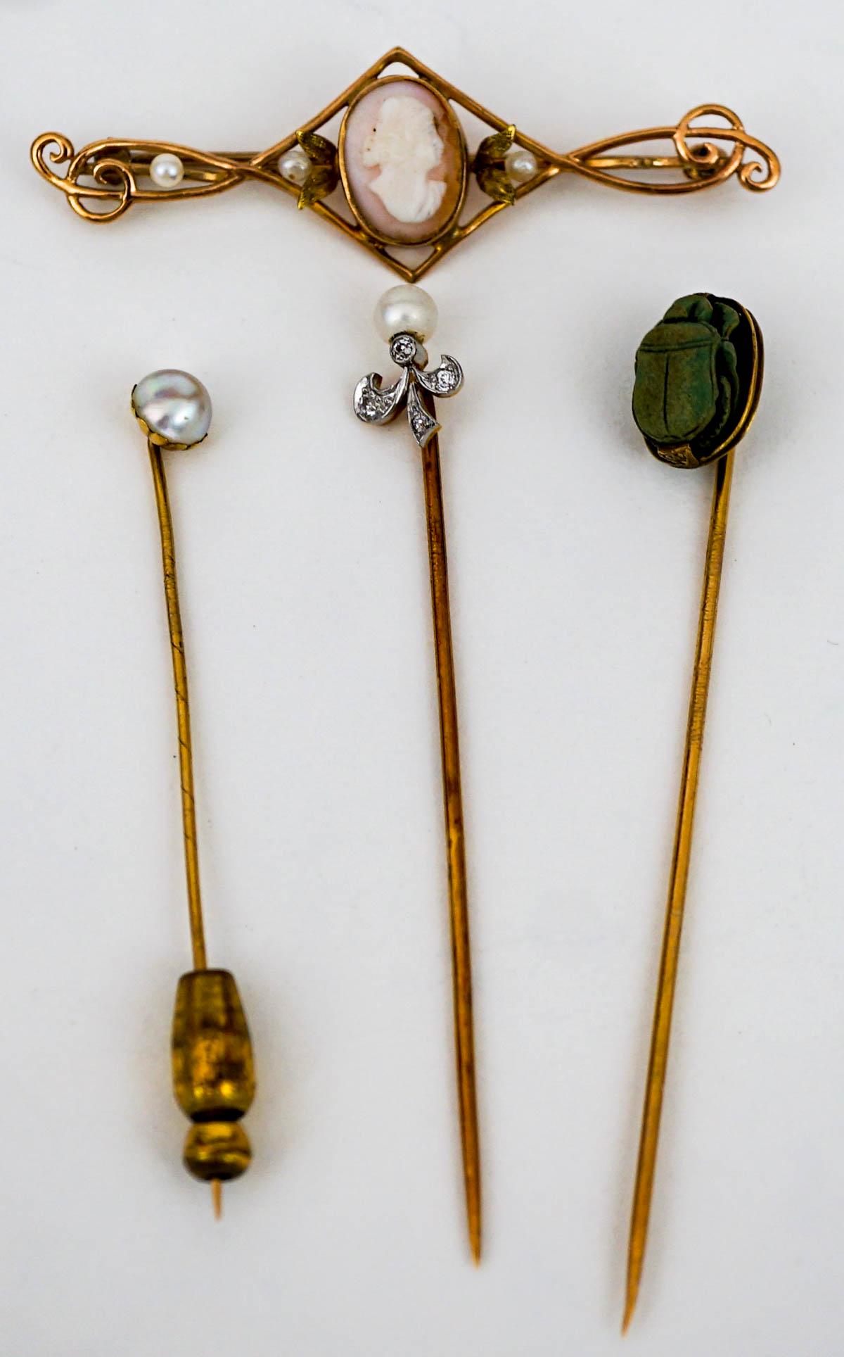 (3) 18k Gold Stick Pins, (1) 14k Cameo Brooch (1 of 13)