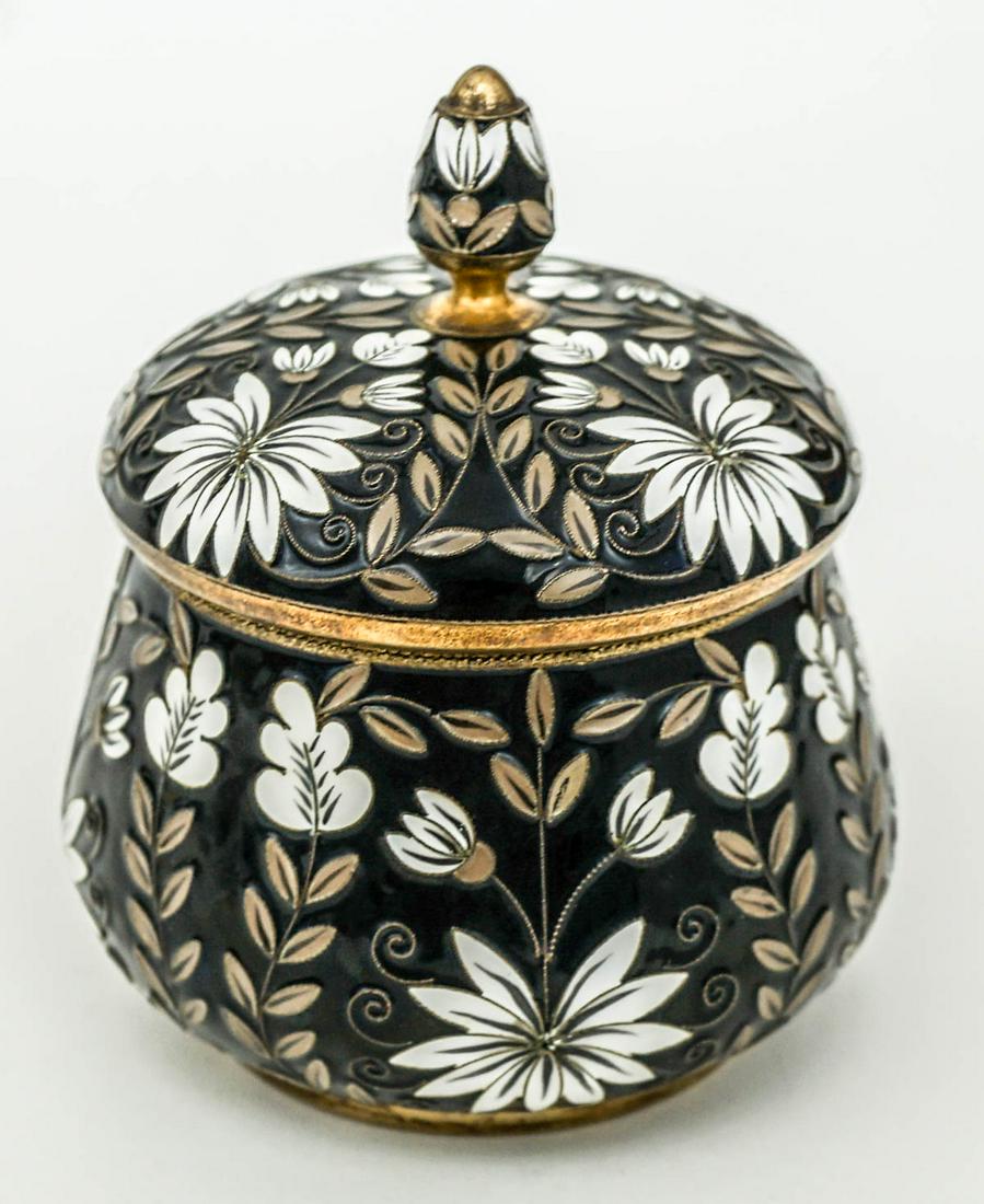 Soviet .916 Silver & Enamel Covered Sugar Bowl: Soviet .916 Silver & Enamel Covered Sugar Bowl. Measures5 inches tall x 4 inches and weighs 334 grams. Like-new condition. If lot is absent of a condition report one may be requested via email. Condit