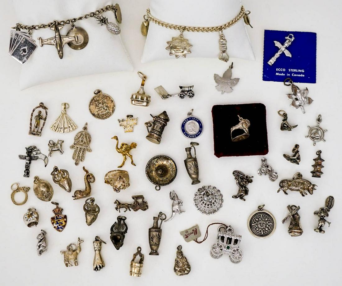 (62) Sterling Charms 5.8 Troy Ounces Total: Approximately (62) sterling charm bracelets. If lot is absent of a condition report one may be requested via email. Condition report is provided as an opinion only and is no guarantee as condition can