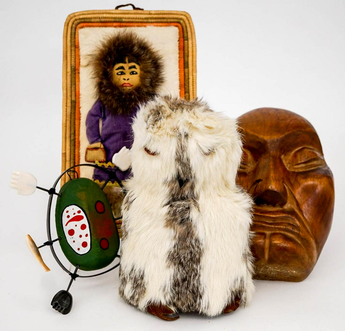 Pacific Northcoast (4) Crafts [Mask]: Assortment of four (4) Pacific Northcoast decorator crafts. Includes: 1) Basketry Plaque. Measures 10.5 in. x 6.325 in. 2) Mask. Measures 8.625 in. x 6 in. 3) Owl. Measures 9 in. tall and 5 in. wide. 