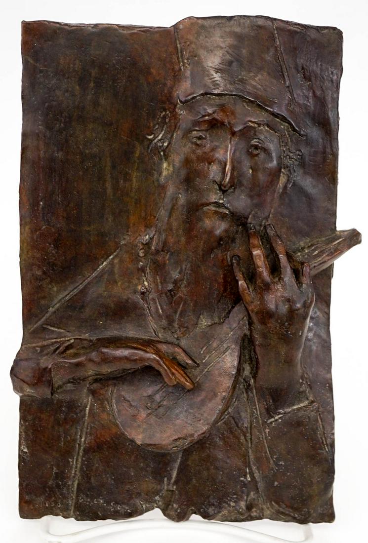 David Aronson S/N Bronze Wall Plaque (1923-2015): David Aronson S/N Bronze Wall Plaque (1923-2015). Measures 5.25 x 6 x 1.5 inches. Excellent condition. No damage or repairs. If lot is absent of a condition report one may be requested via email. Cond