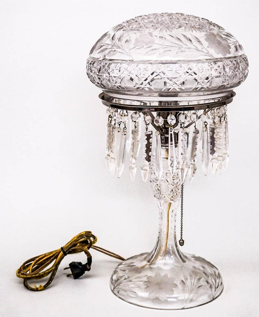 American Brilliant Crystal Table Lamp [Mushroom]: American Brilliant Cut Glass table lamp. Mushroom shape with 'Daisy' pattern on both globe and base and 32 prisms. Cord is frayed and has not been tested. Measures 18 in. tall x 7.5 in. across base. I