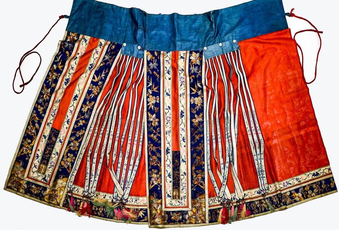 Chinese Antique Silk Embroidery Skirt C. 1900: Chinese Antique Silk Embroidery Skirt circa 1900. If lot is absent of a condition report one may be requested via email. Condition report is provided as an opinion only and is no guarantee as conditio