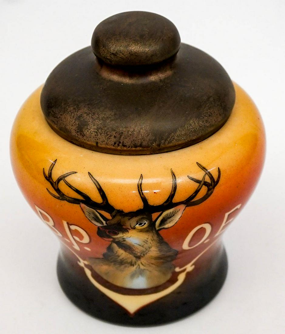 BPOE Elks Lodge Humidor [Nakara]: Humidor BPOE Elks Lodge. Marked 'Nakara' underside. Measures 7.5 in. tall x 6 in. across shoulders. Small chip at lip of jar, see photos. Weighs 1.5 lbs. 'BPOE' The Benevolent and Protective Order of 