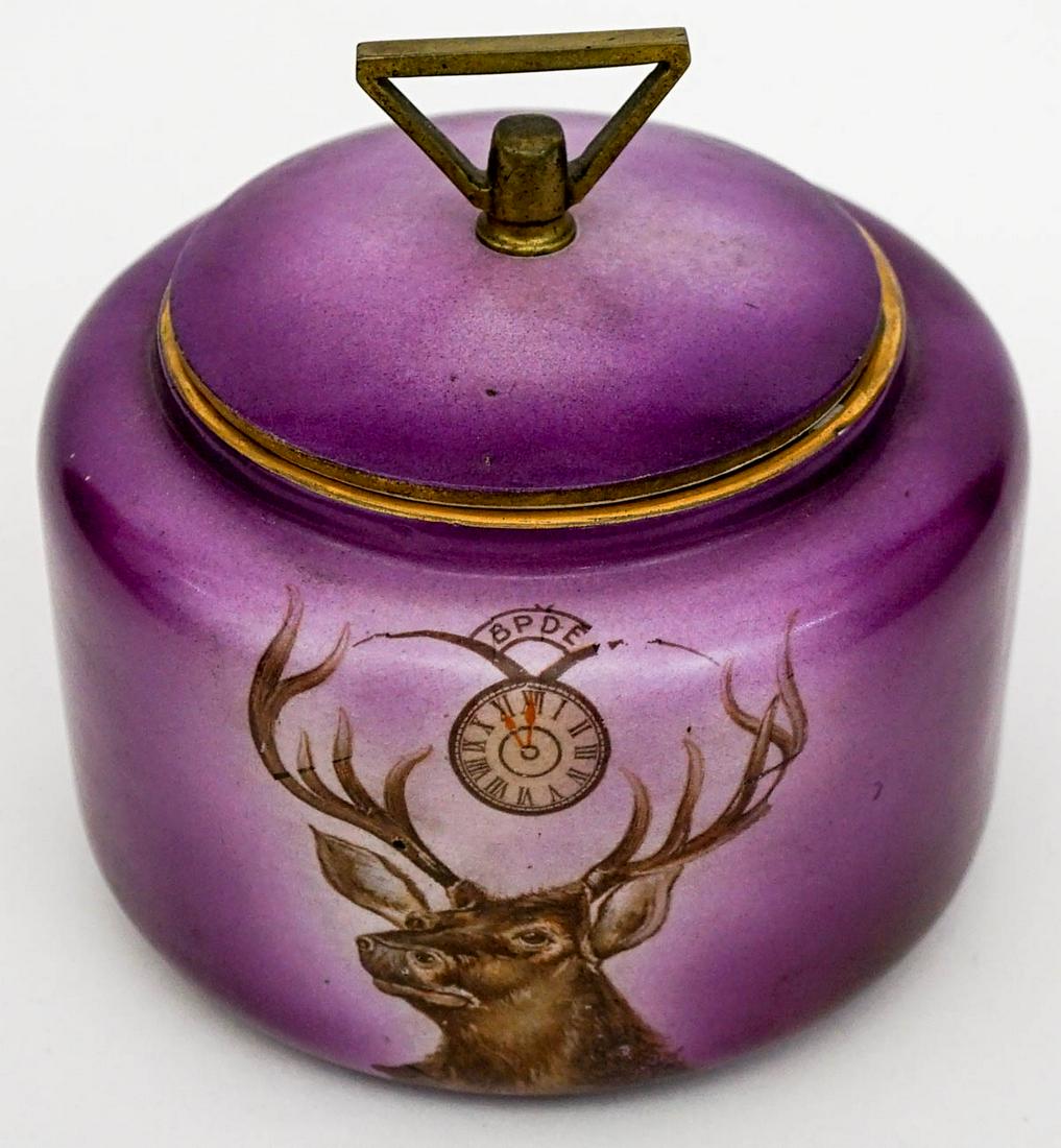 Vintage BPOE Elks Lodge Porcelain Humidor: Humidor BPOE Elks Lodge. Measures 5 in. tall x 5.25 in. across. Weighs 1.5 lbs. Note the handle is loose. 'BPOE' The Benevolent and Protective Order of Elks is an American fraternal order founded in 1