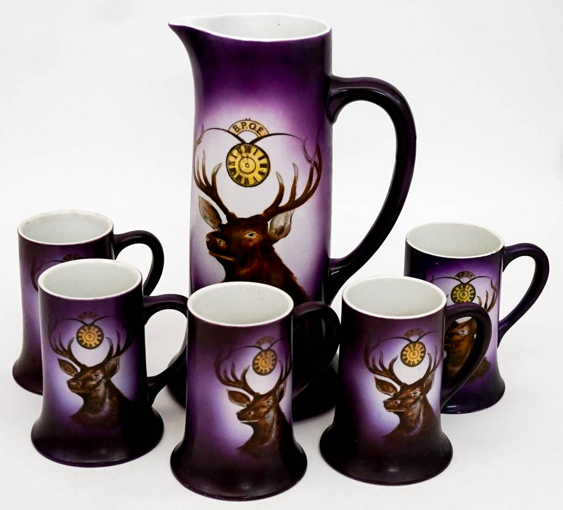 Vintage BPOE Elks Lodge Tankard w/Mugs: Vintage BPOE Elks Lodge tankard with (5) mugs. See photos, wear to areas. Tankard measures 12.25 in. tall x 8 in. wide and the mugs each measure 8.5 in. tall x 4.75 in. wide. Weigh 9 lbs. 'BPOE' The B
