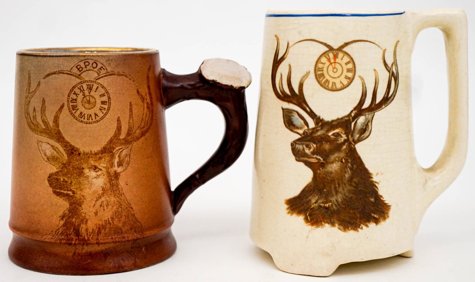 Vintage BPOE (2) Elks Lodge Mugs: Two (2) BPOE Elks Lodge mugs. Measure 4.25 in. - 5 in. x 5.5 in. - 5 in. wide. Weigh 3 lbs. 'BPOE' The Benevolent and Protective Order of Elks is an American fraternal order founded in 1868, originall