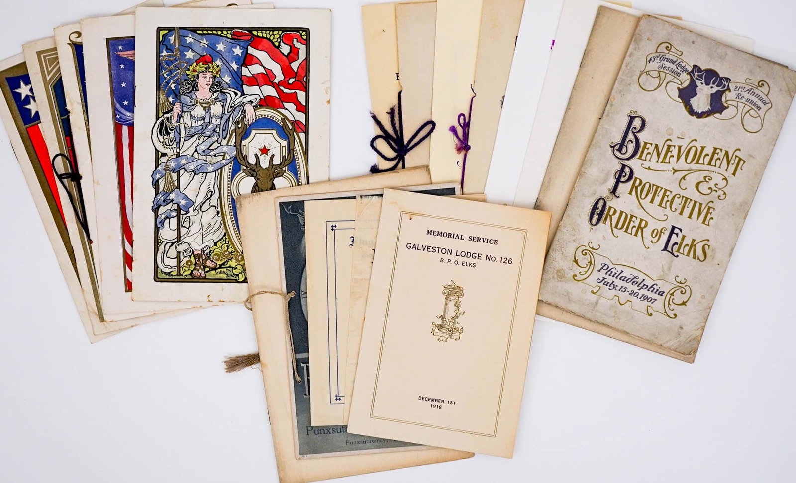 Vintage (18) BPOE Memorabilia and Programs: Eighteen (18) vintage and antique BPOE programs and memorabilia. Lot measures 8.5 in. x 6 in. 'BPOE' The Benevolent and Protective Order of Elks is an American fraternal order founded in 1868, origina