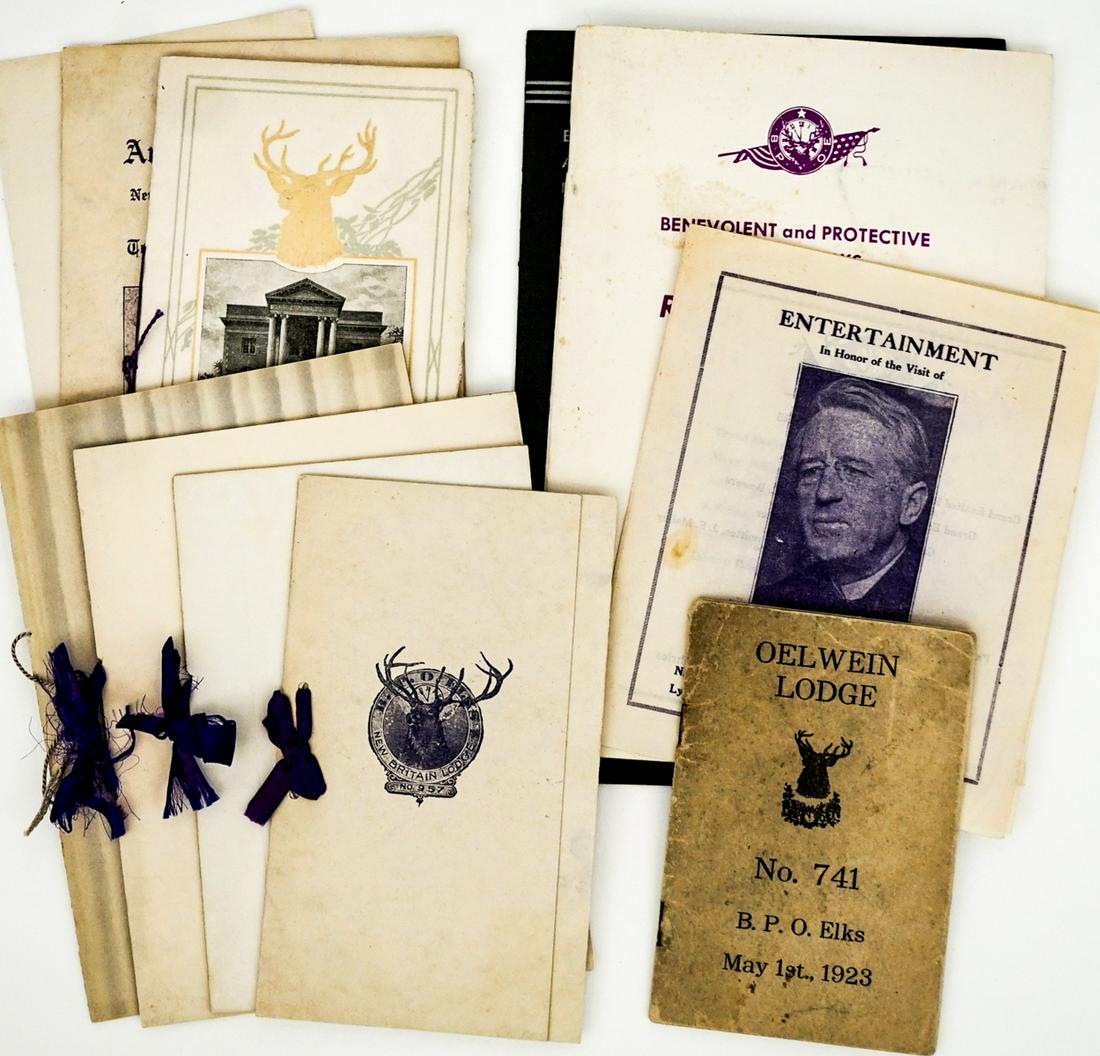 Vintage (11) BPOE Memorabilia and Programs: Eleven (11) vintage and antique BPOE Elk's Lodge memorabilia and programs. Lot measures 9.5 in. x 6 in. 'BPOE' The Benevolent and Protective Order of Elks is an American fraternal order founded in 186