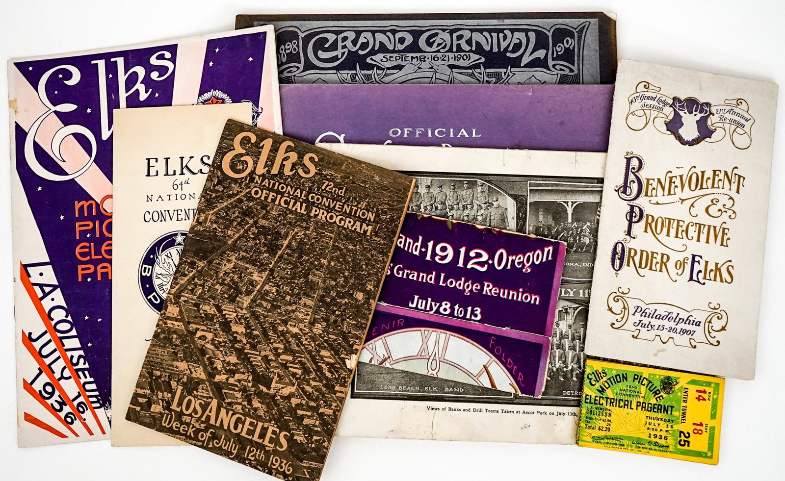 Vintage (9) BPOE Elks Lodge Memorabilia: Nine (9) vintage and antique BPOE Lodge memorabilia and programs. Lot measures 11 in. x 8 in. 'BPOE' The Benevolent and Protective Order of Elks is an American fraternal order founded in 1868, origina